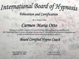 Zertifikat für Carmen Maria Otto als Board Certified Hypno Coach vom International Board of Hypnosis.