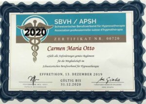 Zertifikat für Carmen Maria Otto vom Schweizerischen Berufsverband für Hypnosetherapie.