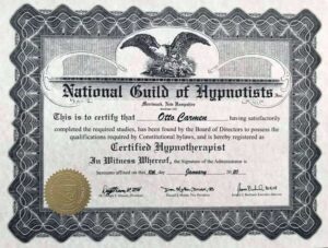 Zertifikat für Carmen Otto als Certified Hypnotherapist von der National Guild of Hypnotists.