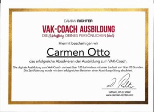 Zertifikat für Carmen Otto zum erfolgreichen Abschluss der VAK-Coach Ausbildung.