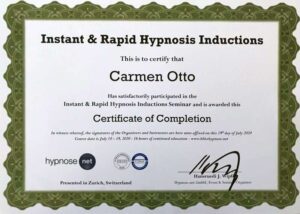 Zertifikat für Carmen Otto zur Teilnahme am Instant & Rapid Hypnosis Inductions Seminar.